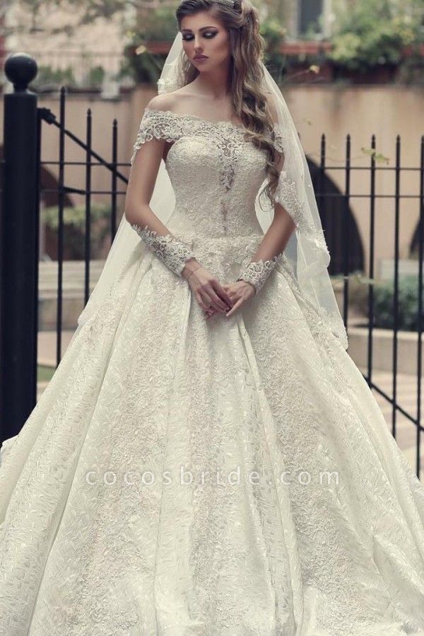 Elegant A-Line Off-the-Shoulder Long Sleeve Backless Appliques Lace Floor-length Wedding Dress
