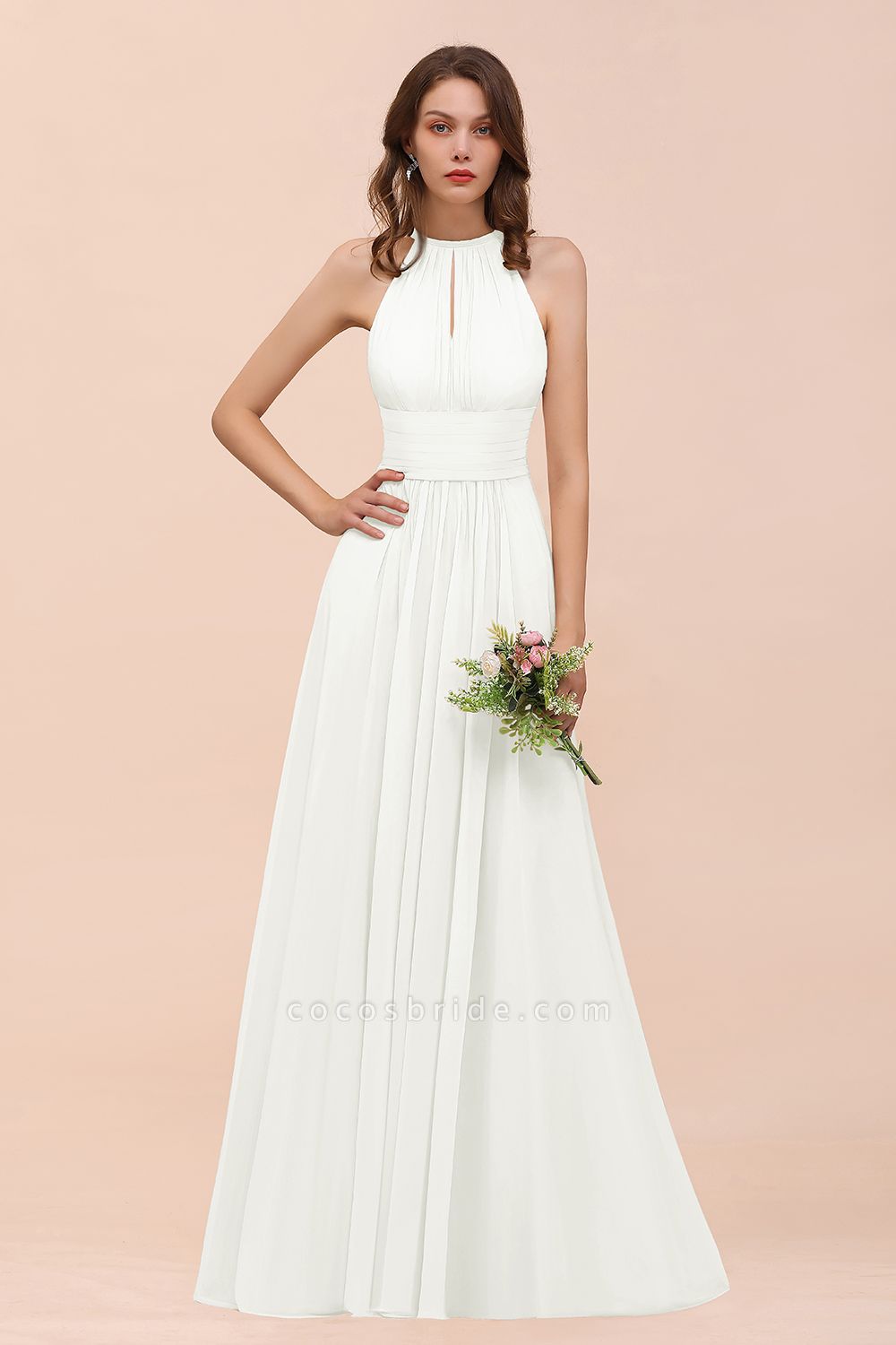 Elegant Long A-Line Jewel Ruffle Chiffon Champagne Bridesmaid Dress