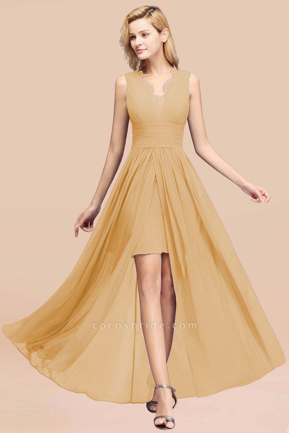 BM0835 Lace Chiffon Jewel Sleeveless Ruffles Short Bridesmaid Dress