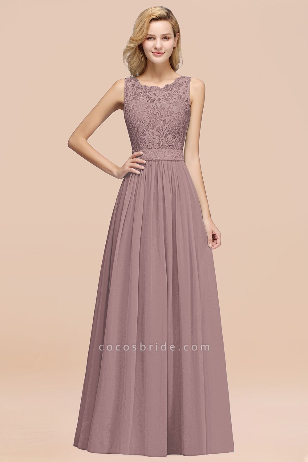 BM0834 Chiffon A-Line Lace Scalloped Sleeveless Long Ruffles Bridesmaid Dress