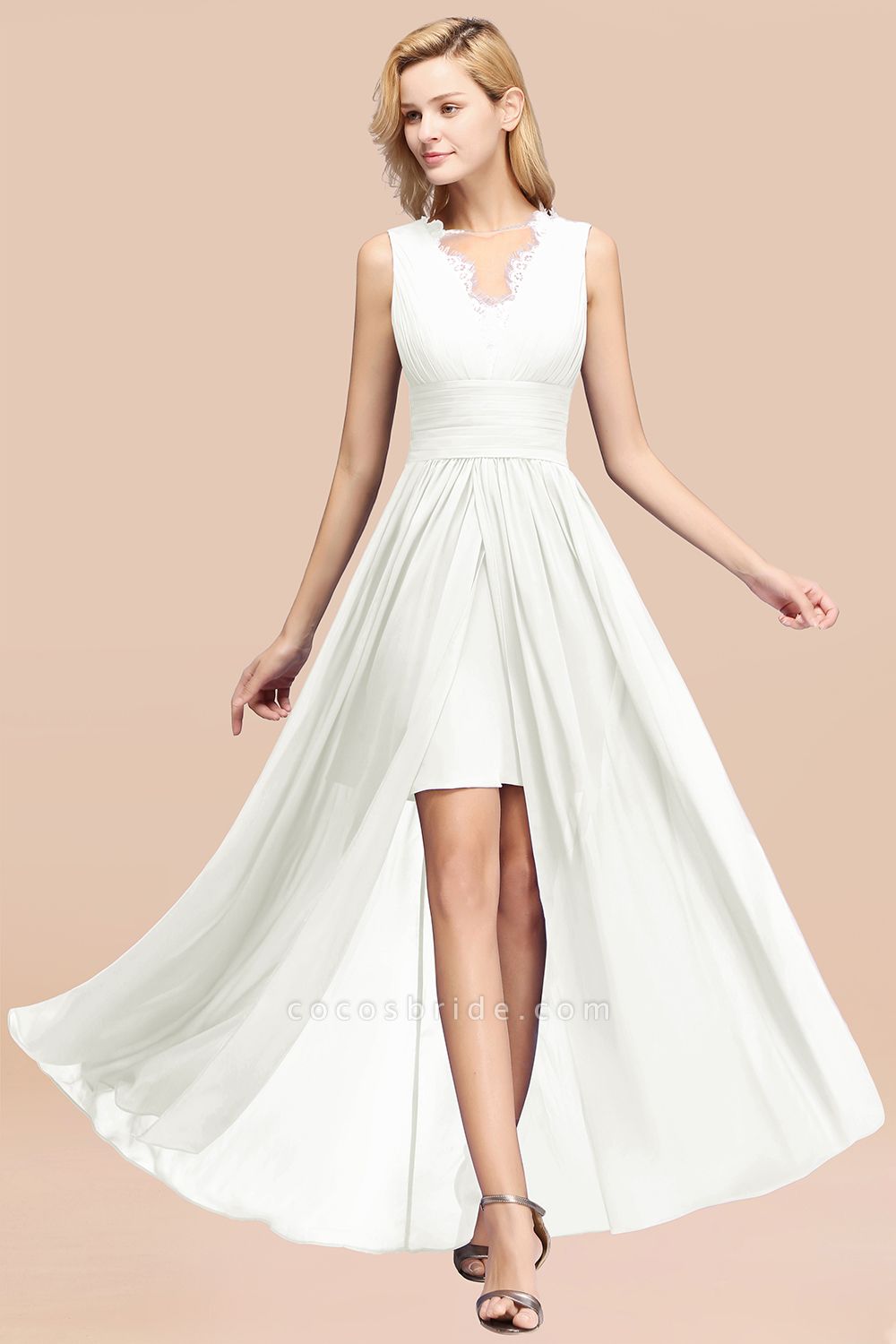 BM0835 Lace Chiffon Jewel Sleeveless Ruffles Short Bridesmaid Dress