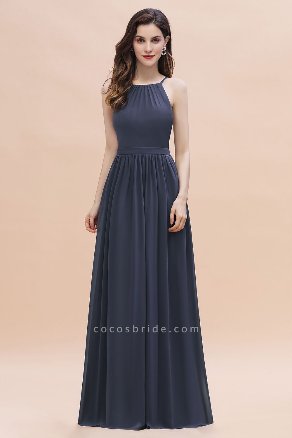 Elegant Sleeveles Halter Soft Chiffon A-Line Floor-length Bridesmaid Dress