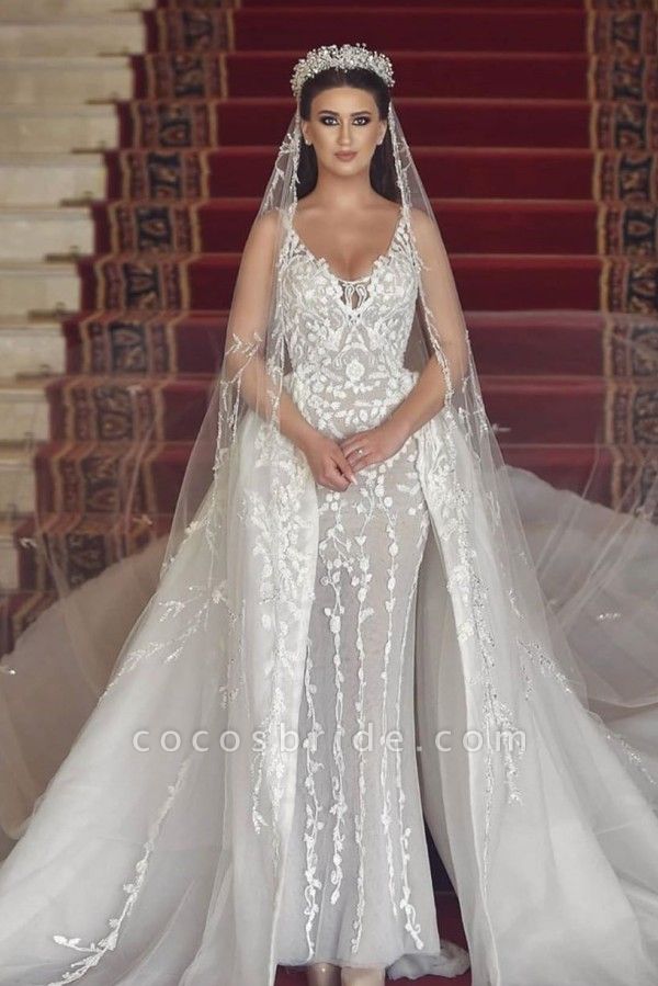 Long Mermaid V-neck Tulle Lace Wedding Dress with Detachable Train