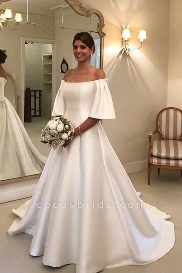 Simple A-Line Off-the-Shoulder Short Sleeve Satin Ruffles Train Wedding Dress