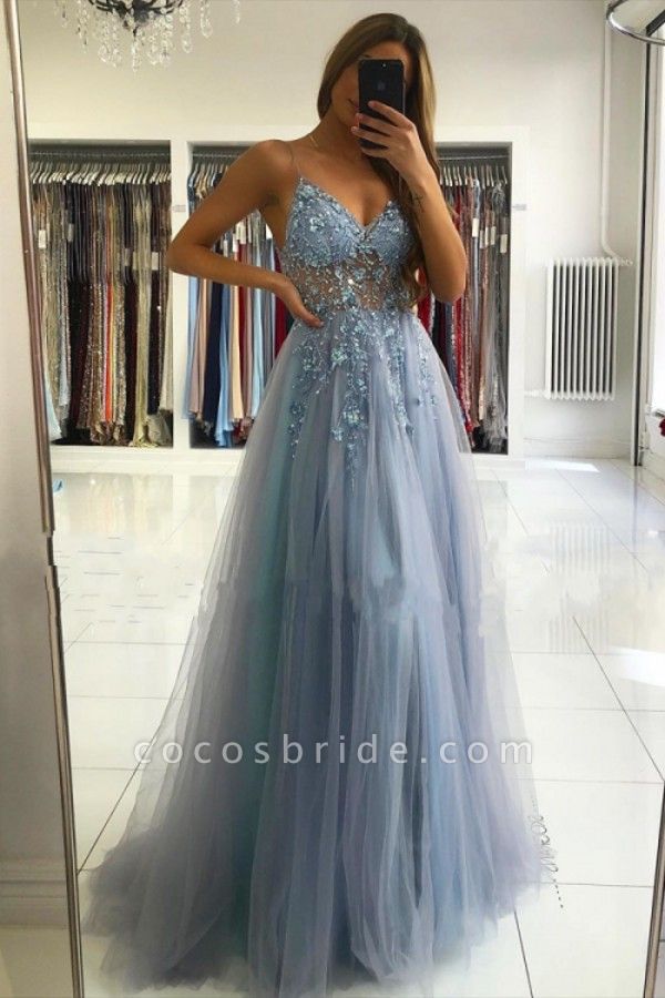 Luxury Long A-line V-neck Tulle Backless Prom Dress with Slit