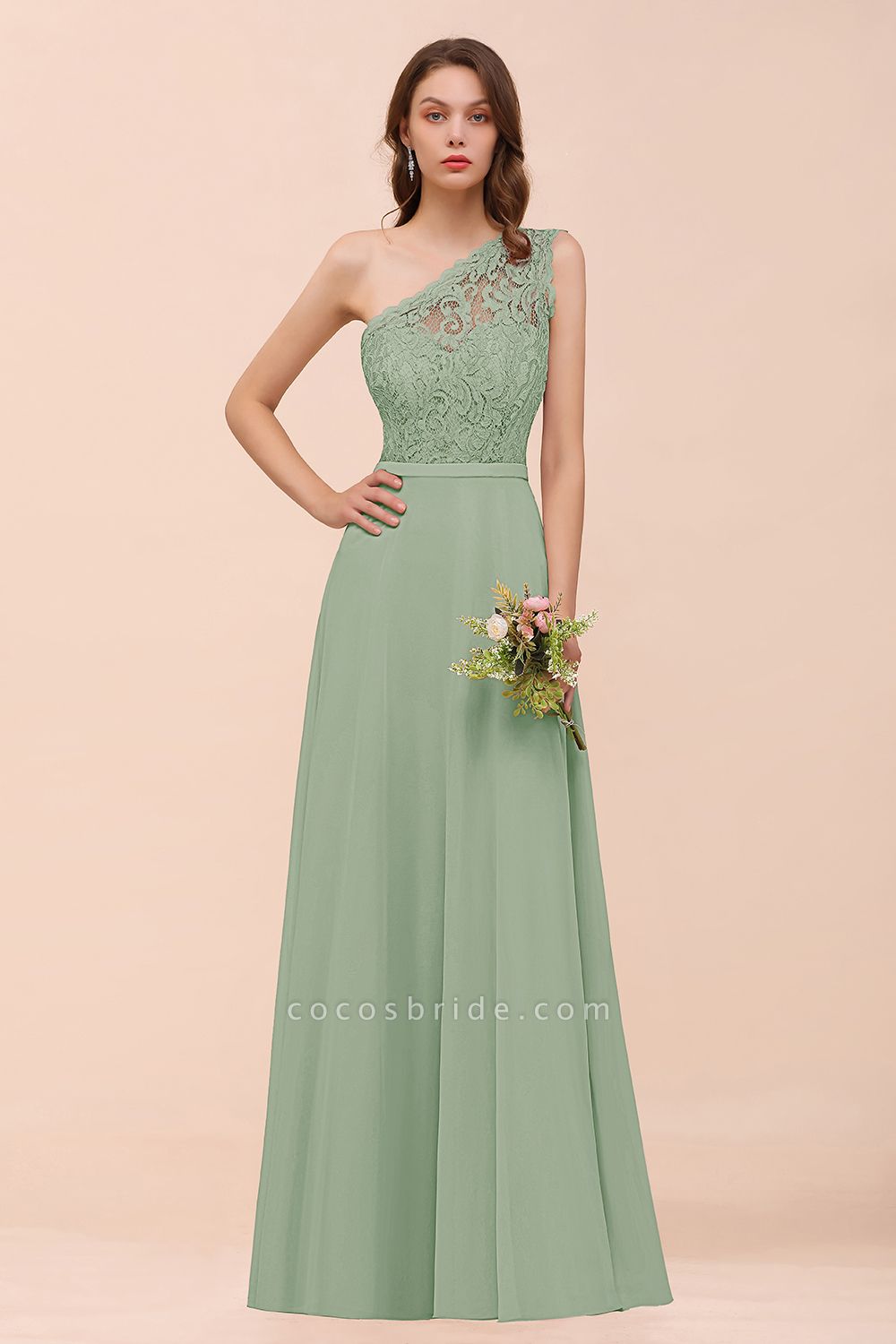 Classy One Shoulder Appliques Lace Floor-length A-Line Chiffon Bridesmaid Dress