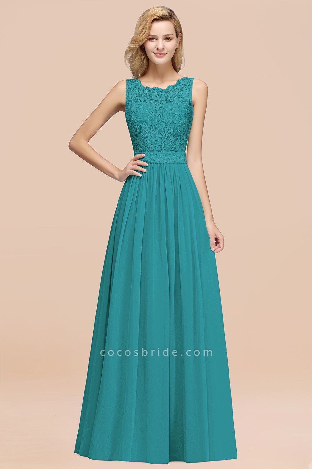 BM0834 Chiffon A-Line Lace Scalloped Sleeveless Long Ruffles Bridesmaid Dress