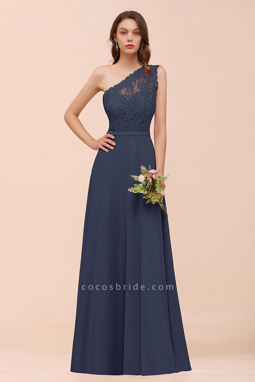 Classy One Shoulder Appliques Lace Floor-length A-Line Chiffon Bridesmaid Dress