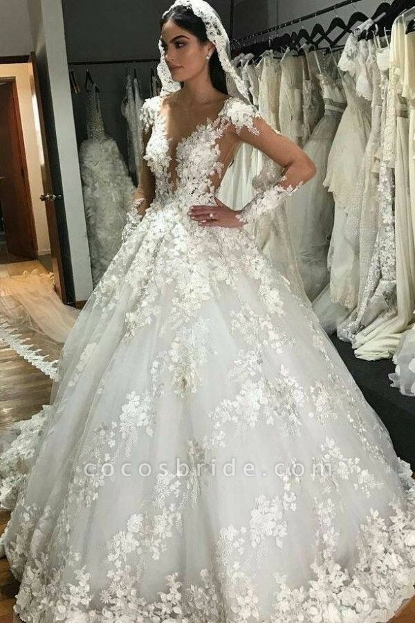 Gorgeous Bateau Long Sleeve Appliques Lace Backless Ruffles Floor-length Princess Wedding Dress