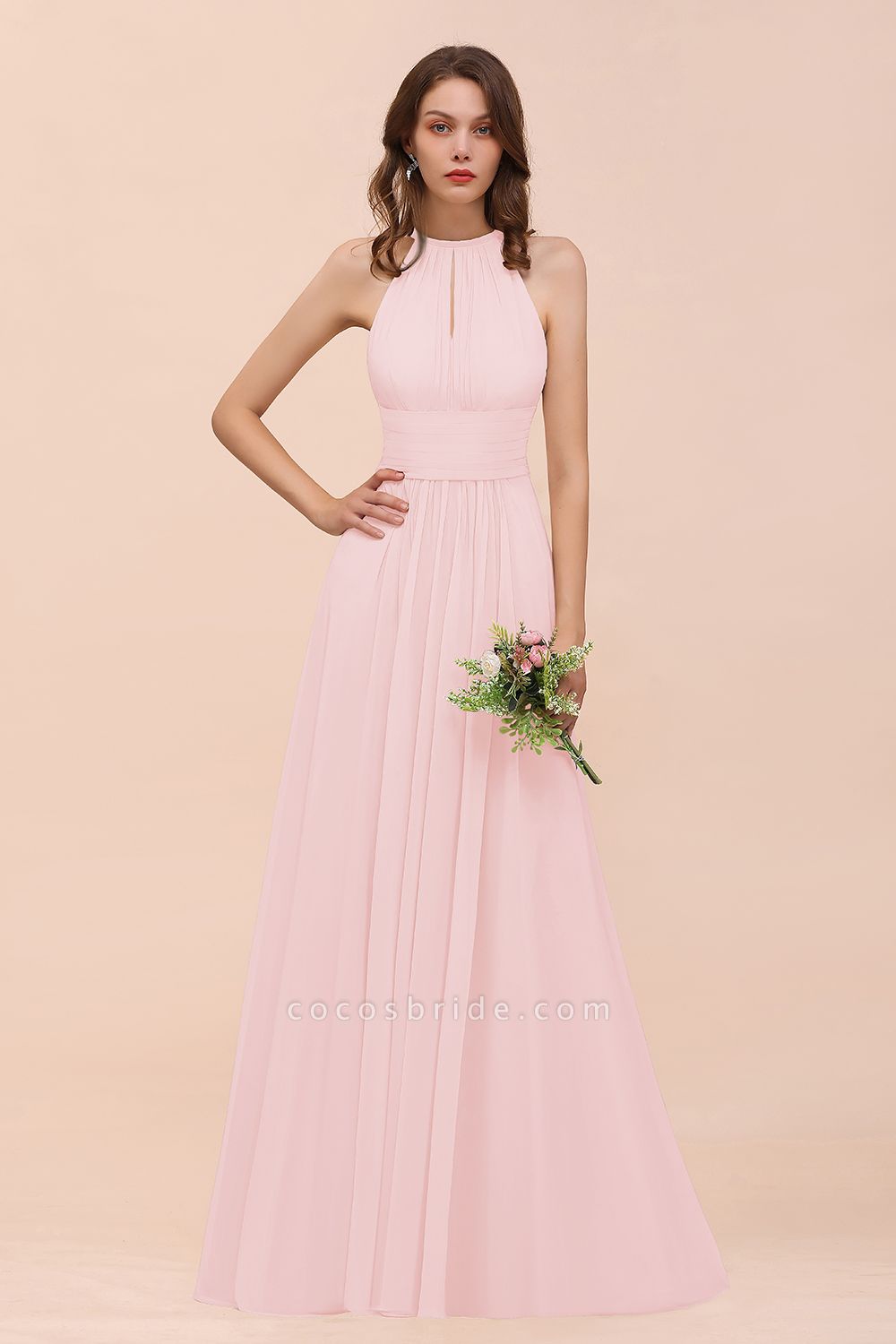 Elegant Long A-Line Jewel Ruffle Chiffon Champagne Bridesmaid Dress