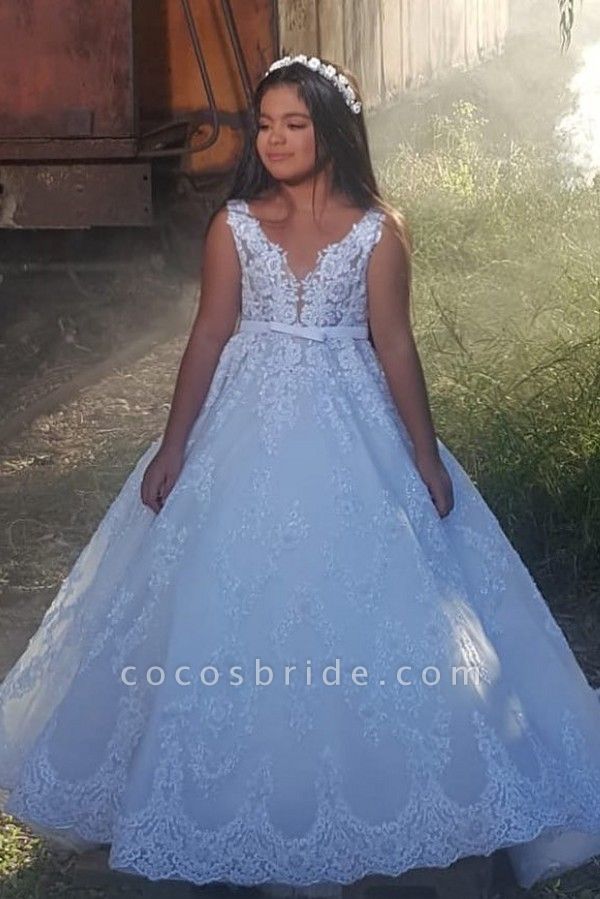 Beautiful A-line V-neck Spaghetti Straps Appliques Lace Full Length Flower Girl Dress