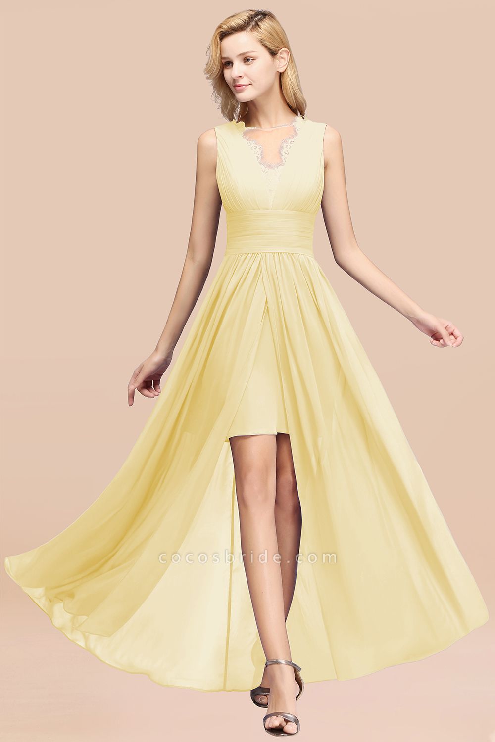 BM0835 Lace Chiffon Jewel Sleeveless Ruffles Short Bridesmaid Dress