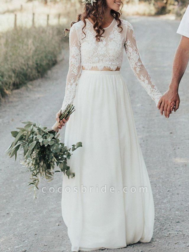 A-Line Wedding Dresses Jewel Neck Sweep \ Brush Train Lace Chiffon Over Satin Long Sleeve Beach Boho Sexy See-Through