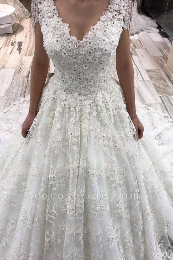 Classy A-Line Deep V-neck Appliques Lace Crystal Floor-length Wedding Dress