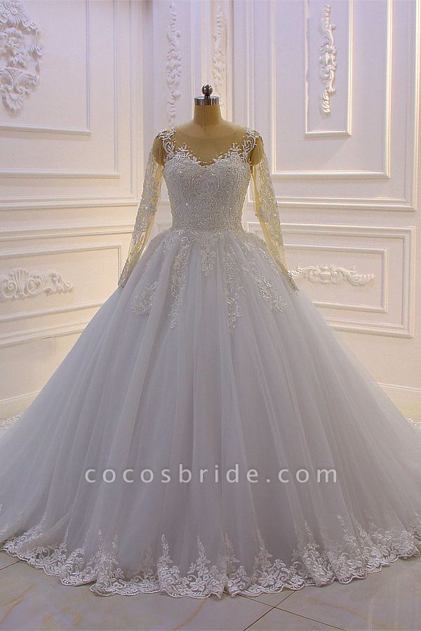 Gorgeous Bateau Long Sleeve Pearl Tulle Appliques Lace A-Line Wedding Dress
