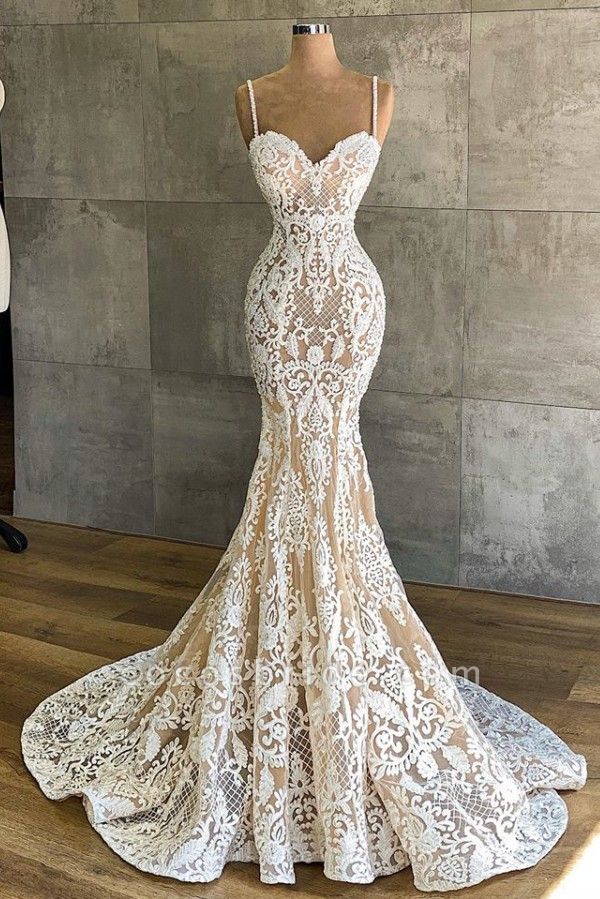 Sexy Sweetheart Spaghetti Straps Appliques Lace Floor-length Mermaid Wedding Dress