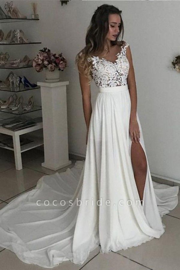 Simple Long A-line V-neck Chiffon Lace Wedding Dress with Slit | Cocosbride