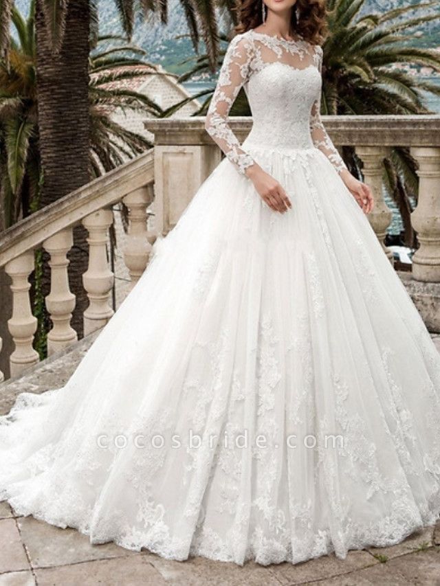 A-Line Wedding Dresses Jewel Neck Sweep \ Brush Train Tulle Long Sleeve Formal Illusion Sleeve
