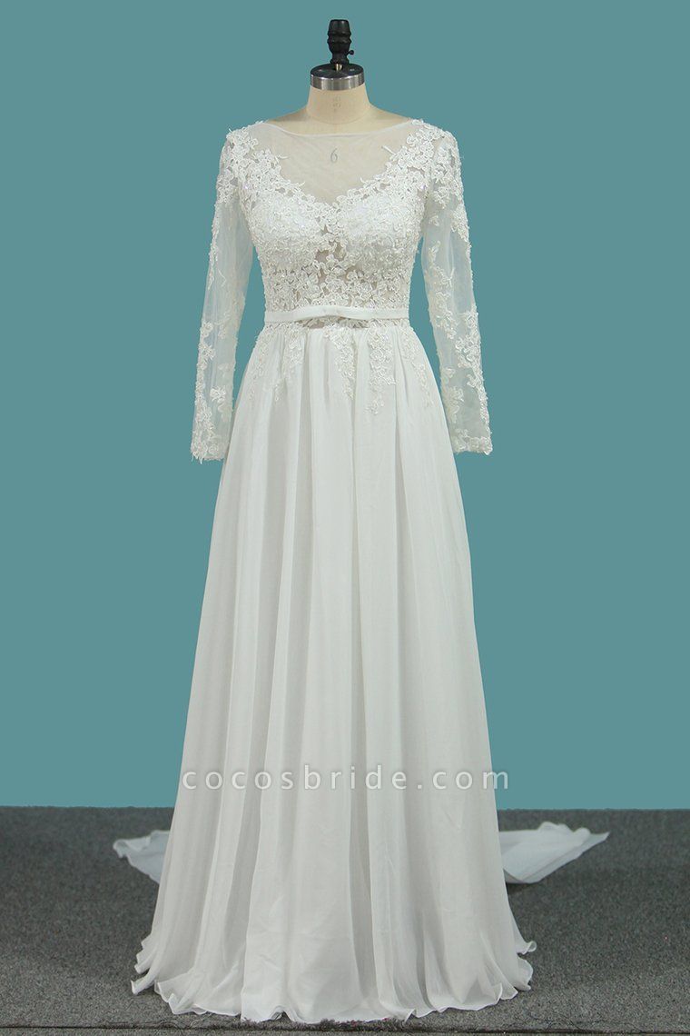 Langärmliges, bodenlanges Bateau-Hochzeitskleid aus Chiffon in A-Linie mit Rüschen