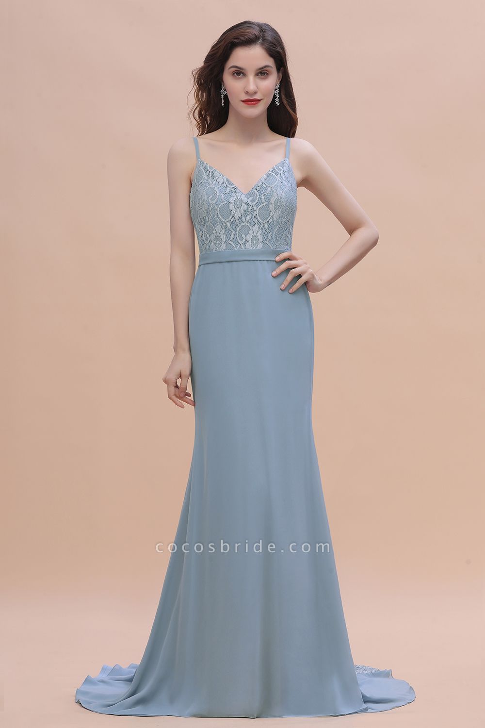 Simple V-neck Lace Chiffon Open Back Floor-length Mermaid Bridesmaid Dress