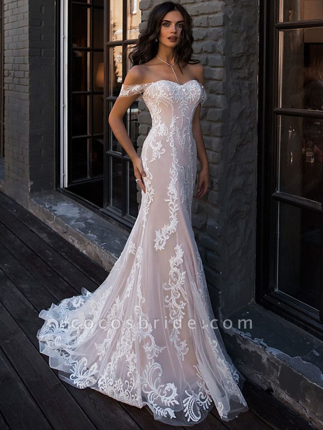 Mermaid/Trumpet Wedding Dress Spaghetti Straps V-neck Lace Wedding Gow –  SQOSA