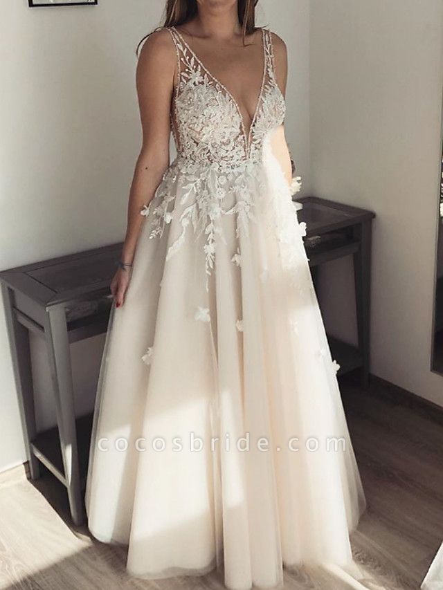 A-Line Wedding Dresses Plunging Neck Floor Length Lace Tulle Sleeveless Country Sexy See-Through Plus Size