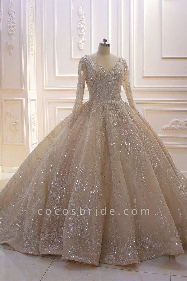 Glamorous Long Sleeve V-neck Sequin Beading Ruffles Ball Gown Wedding Dress