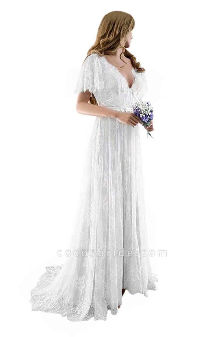 Gorgeous V-Neck Cap Sleeves Lace Wedding Dresses