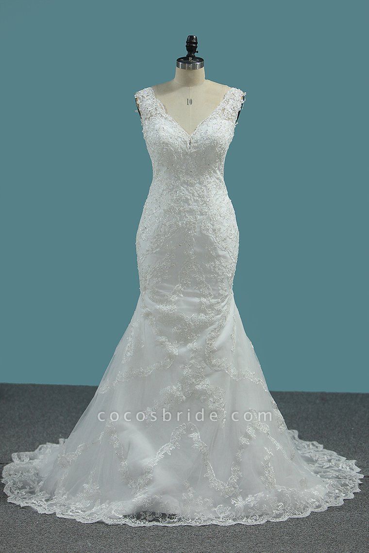 Wide Straps V-neck Appliques Lace Floor-length Mermaid Wedding Dress