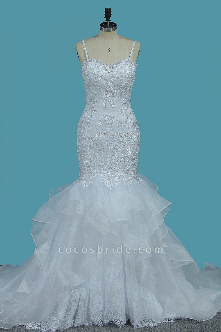 Spaghetti-Träger Rückenfreies bodenlanges Meerjungfrau-Hochzeitskleid aus Spitze mit Tüll