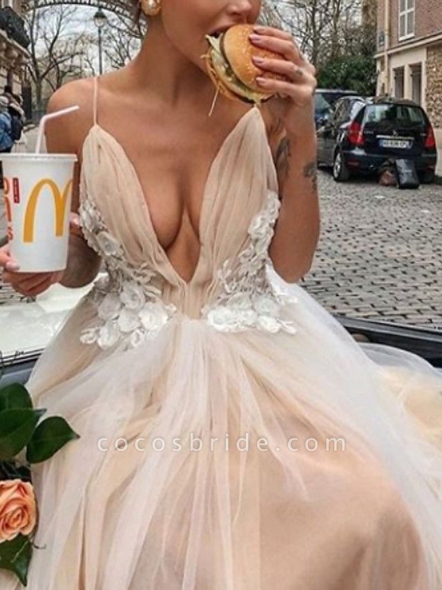 A-Line Wedding Dresses V Neck Court Train Chiffon Tulle Spaghetti Strap Boho