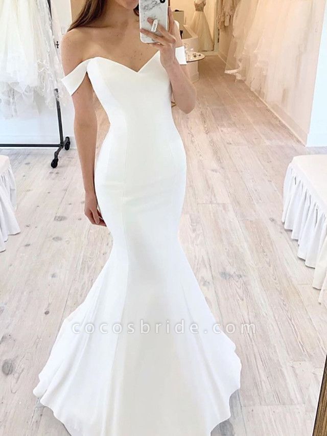 Mermaid \ Trumpet Wedding Dresses Off Shoulder Floor Length Satin Short Sleeve Sexy