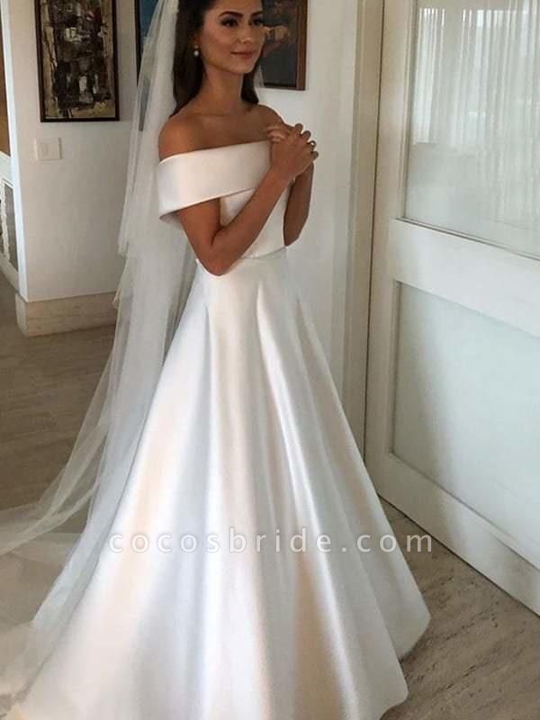 Simple A Line Wedding Dresses Satin Off The Shoulder Wedding Dress
