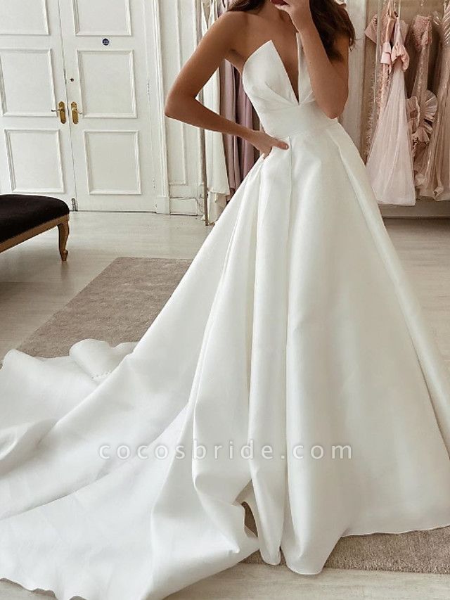 A-Line Wedding Dresses Strapless Sweep \ Brush Train Stretch Satin Sleeveless Country Plus Size