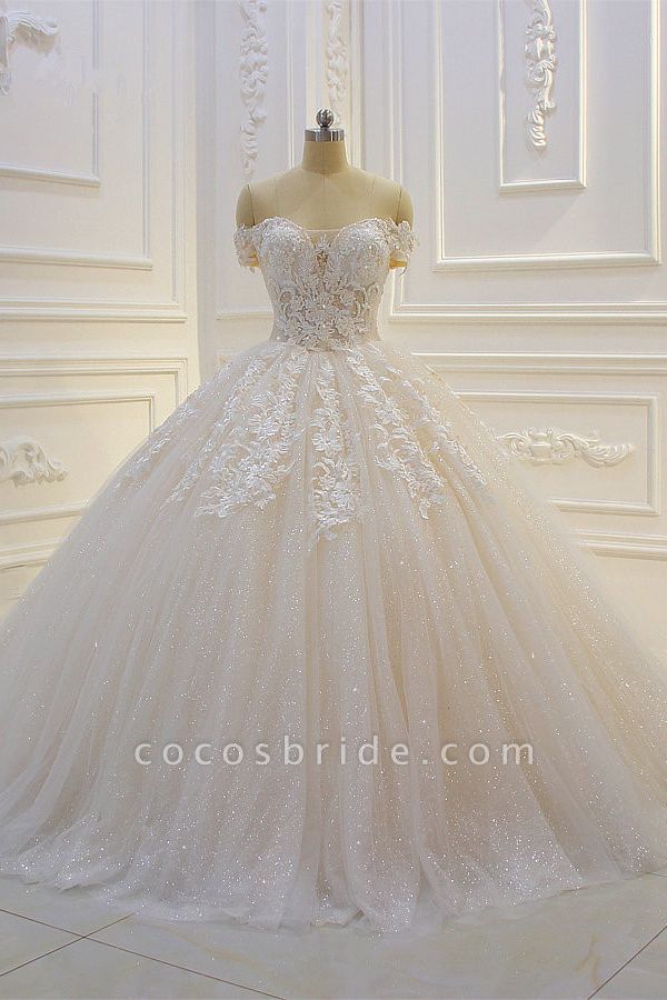 Off the Shoulder Sweetheart Ball Gown Sequin Appliques Lace Wedding Dress