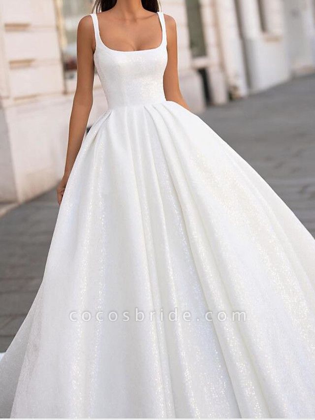 Ball Gown Spaghetti Strap Scoop Neck Court Train Polyester Sleeveless Country Plus Size Wedding Dresses