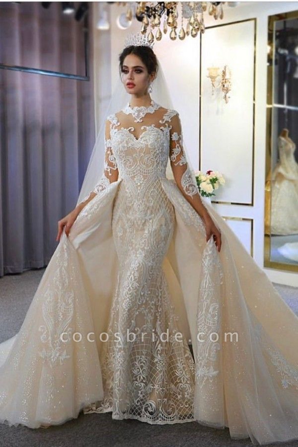 Gorgeous A-Line Sweetheart Long Sleeve Appliques Lace Floor-length Wedding Dress