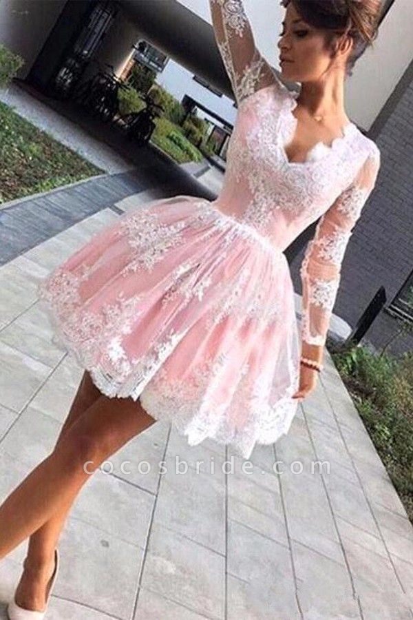 Pretty A-Line V-neck Long Sleeves Appliques Lace Tulle Short Prom Dress