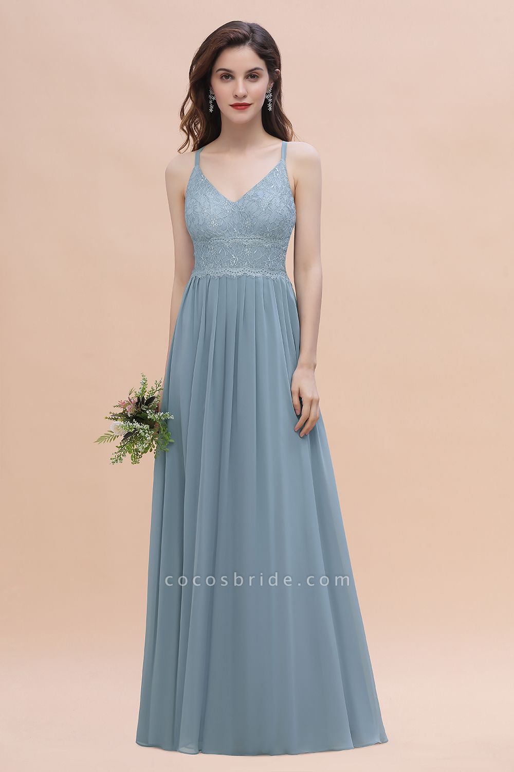 A-Line Ruched Bridesmaid Dress V-Neck Lace Chiffon Floor-length Evening Dress