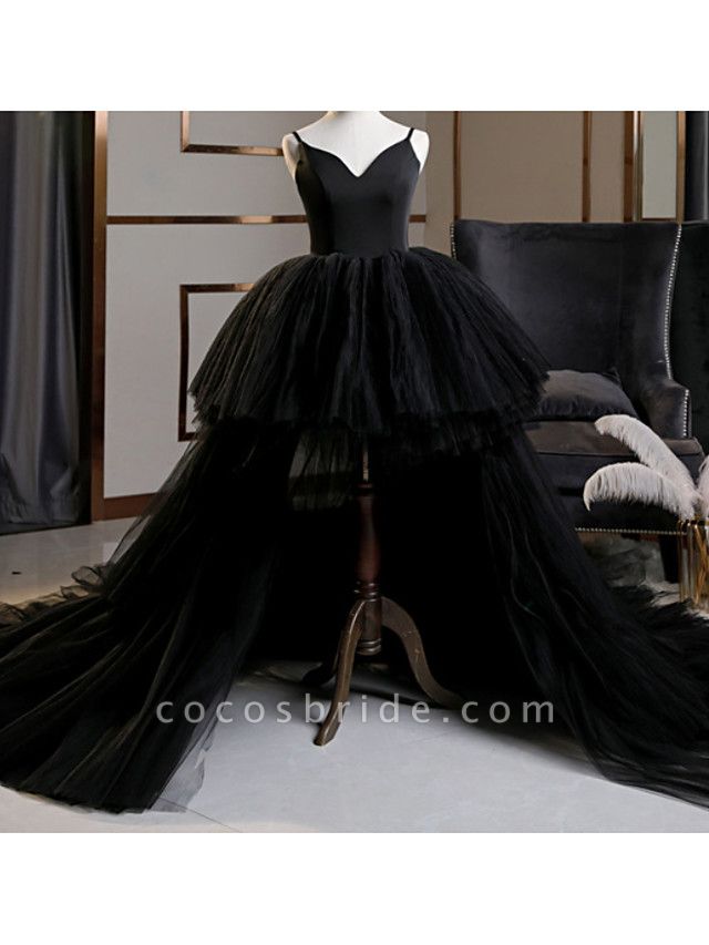 A-Line Wedding Dresses V Neck Asymmetrical Lace Tulle Spaghetti Strap Formal Plus Size Black Red