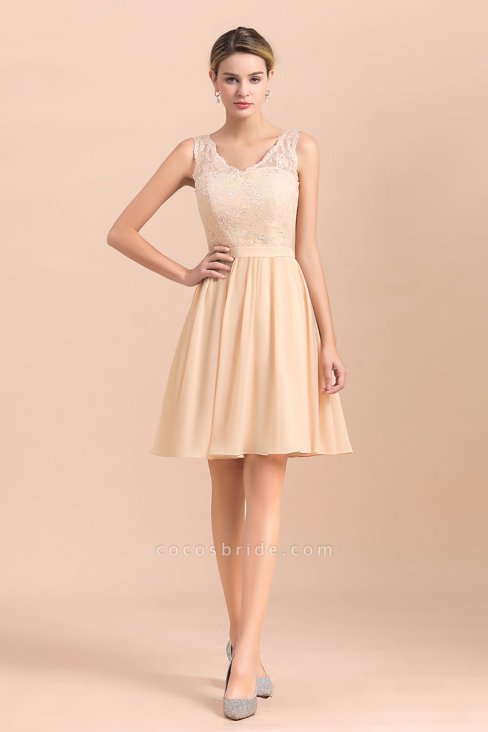 Cute Sleeveless Lace A-Line Knee Length V-neck Backless Bridesmaid Dress