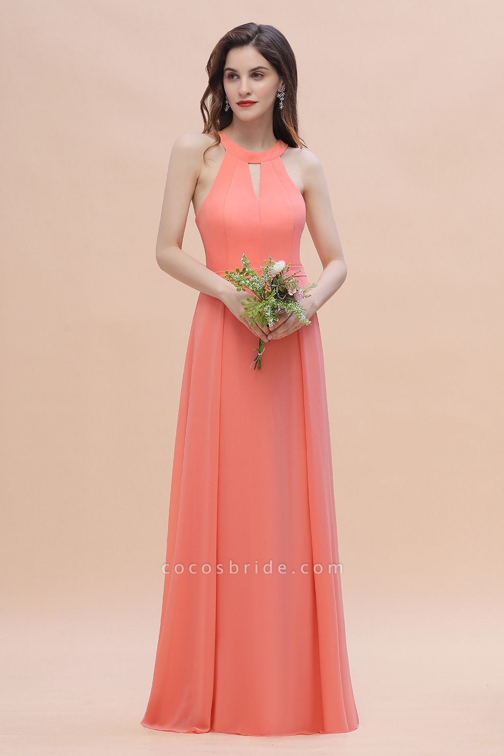 Halter Chiffon bodenlangen Kleid für Hochzeitsgäste A-Linie Brautjungfernkleid mit Schlüsselloch