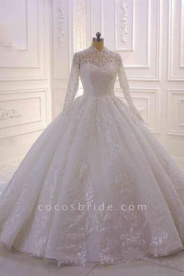 High-neck Long Sleeve Appliques Lace Ball Gown Ruffles Wedding Dress