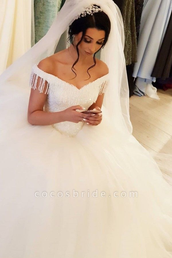 Elegant Off-the-shoulder Beading Backless Tulle Floor-length Princess Wedding Dress With Tassel