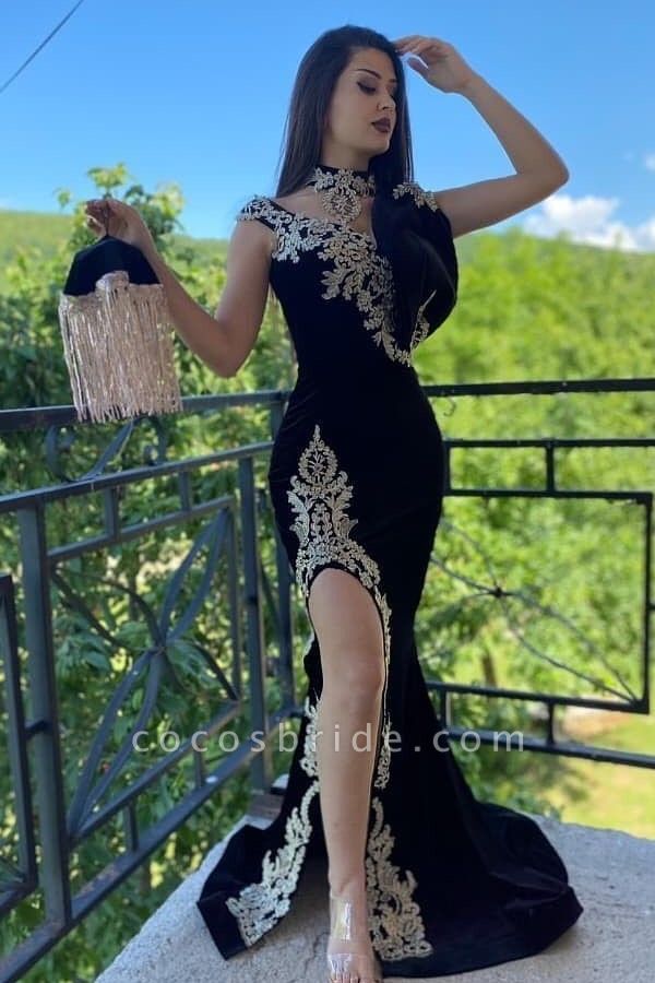 Sexy Black High Neck Appliques Lace Velvet Floor-length Mermaid Prom Dress With Slit