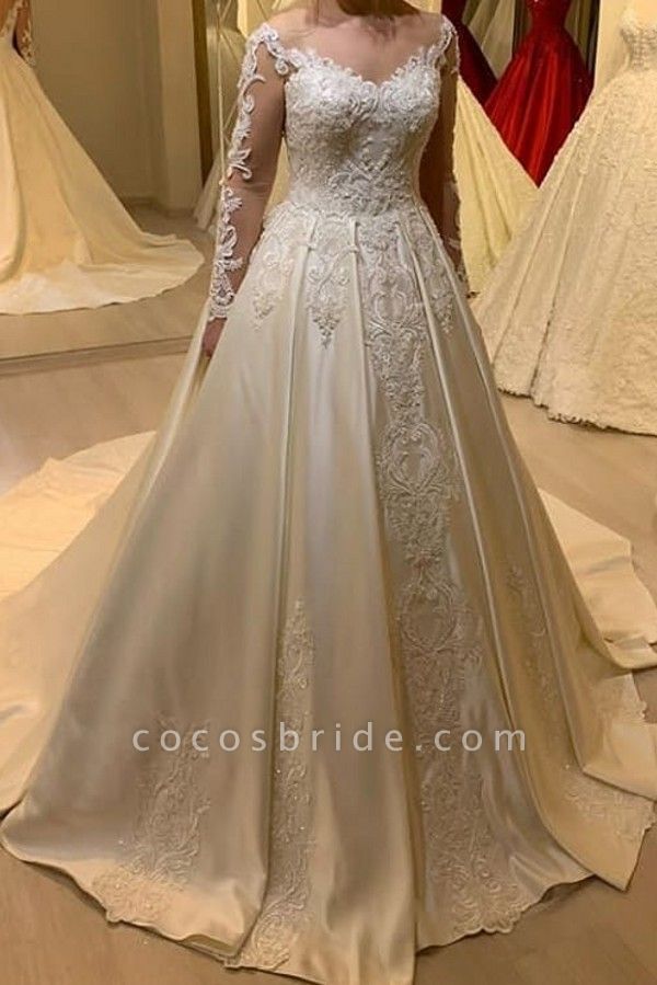 Elegant A-Line Sweetheart Long Sleeve Appliques Lace Pearl Satin Wedding Dress