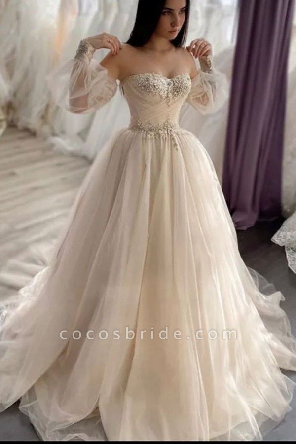 Vintage Sweetheart Long Sleeve Backless Appliques Lace Crystal Tulle A-Line Wedding Dress