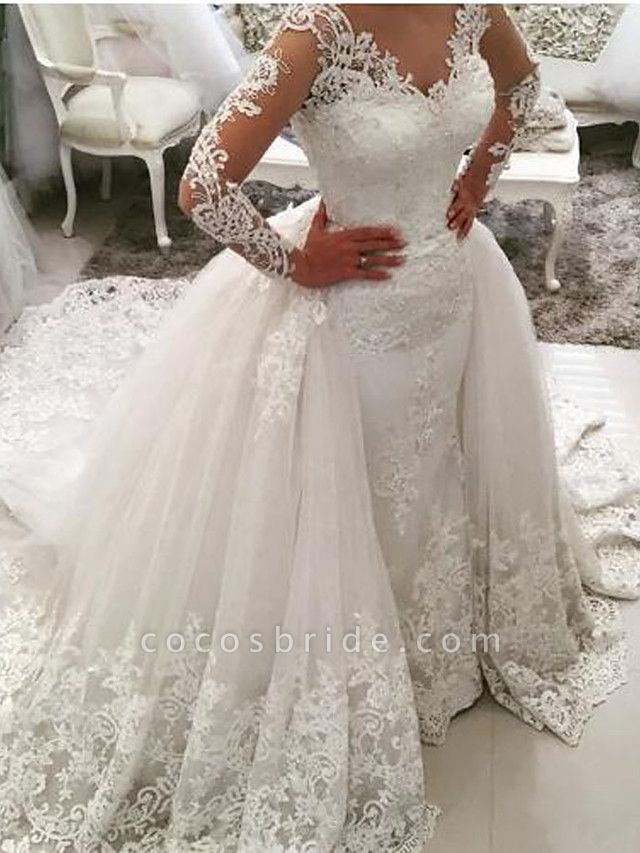 Ball Gown Mermaid \ Trumpet V Neck Sweep \ Brush Train Lace Tulle Lace Over Satin Long Sleeve Glamorous See-Through Illusion Sleeve Wedding Dresses