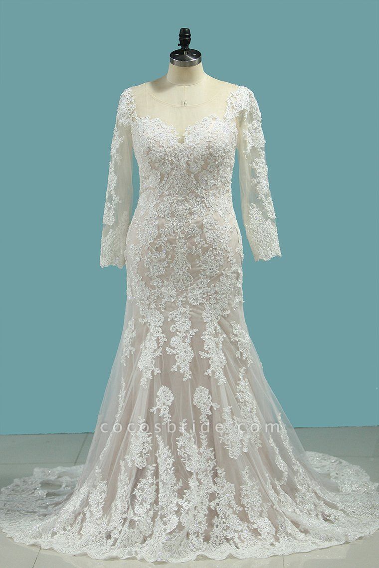Vintage Long Sleeve Bateau Floor-length Mermaid Wedding Dress With Appliques Lace