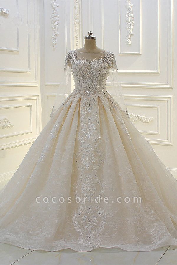 Long Sleeve Beading Bateau Appliques Lace Ball Gown Wedding Dress